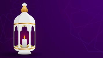 Islamic Lanterns Vector Illustration. Elegant Composition with White Lantern, Candle, Gold Accents, and Purple color. Perfect for Eid Mubarak and Ramadan Kareem Posters, Banners with Copy Space