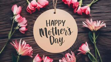 AI generated Wood texture background with happy Mothers Day tag, pink flowers photo