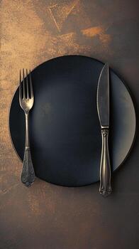 ai generado comida arreglo vacío negro plato con cuchara y tenedor, parte superior ver vertical móvil fondo de pantalla foto