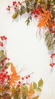 ai generado otoño vibraciones otoño floral plano laico con viburnum bayas marco vertical móvil fondo de pantalla foto