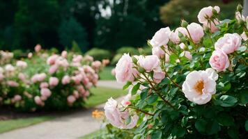 ai generado verano jardín parque antecedentes con rosado pálido rosas arbusto, bokeh foto