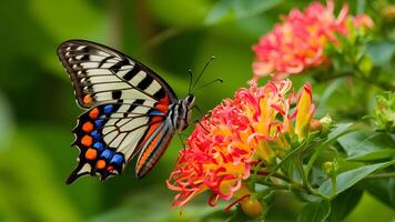 AI generated Butterfly enjoys stunning colorful patterns on honey lantana bush photo