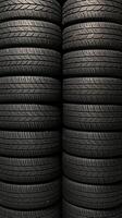 AI generated Stack of car tires with black rubber tread, textured background Vertical Mobile Wallpaper photo