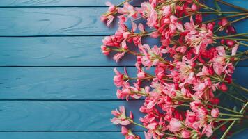 AI generated Pink flowers blossom on blue wooden background, spring atmosphere photo