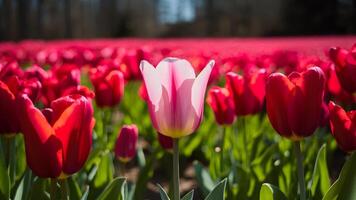 AI generated Pink tulip bloom in red tulips field under spring sunlight photo