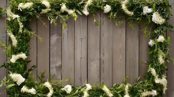 AI generated Wooden fence background adorned with fresh spring greens, white flowers photo