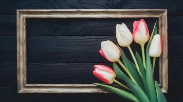 AI generated Spring flowers tulips framed on dark rustic wooden background photo