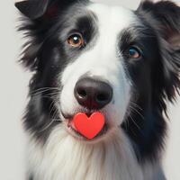 AI generated Photo Funny portrait Puppy border collie holds red heart on nose For Social Media Post Size