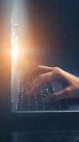 AI generated SEO exploration Business hands typing on laptop for data searching Vertical Mobile Wallpaper photo