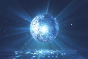 AI generated view Spinning disco ball creates a luminous blue atmosphere for dance photo