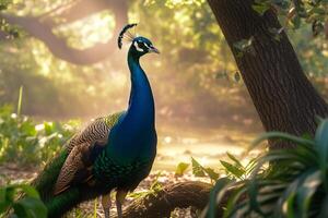 AI generated Elegant peacock stands in the midst of natural surroundings photo