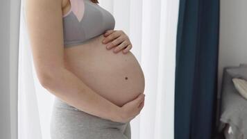 prevenzione di allungare votazione su il addome. un' incinta donna detiene sua mani su sua gonfiarsi. salutare idratato pelle senza allungare votazione durante gravidanza. pelle cura per incinta donne video