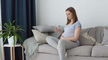 schwanger Frau im Zuhause Kleider Sitzung auf das Couch halten ein Glas von Wasser im ihr Hände. dritte Trimester von Schwangerschaft. Gesundheit von ein schwanger Frau und ihr Baby video