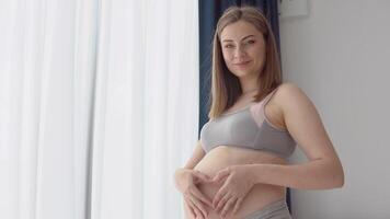 ein schwanger Frau hält ihr Hände auf ihr Bauch. gesund befeuchtet Haut ohne strecken Markierungen während Schwangerschaft. Haut Pflege zum schwanger Frauen. Verhütung von strecken Markierungen auf das Abdomen video