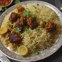 AI generated a plate of rice with meat and vegetables photo