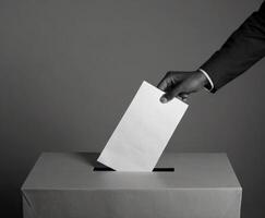 ai generado un hombre votos, pone su votación en el votación caja. negro y blanco. foto
