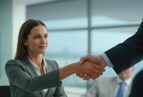 AI generated Businesswoman in the office shaking hands photo