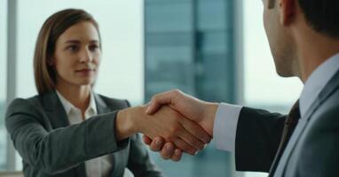 AI generated Young businesswoman closes a deal with a shake of the hand photo