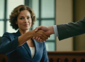 AI generated Businesswoman with a short haircut shakes hands with a man photo