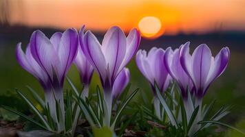AI generated Crocus flowers bloom against a sunset backdrop in early spring photo