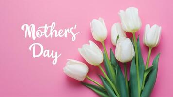 AI generated Card for Mothers Day with white tulips on pink background photo