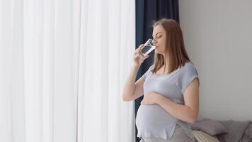 ein schwanger Frau im Zuhause Kleider sitzt auf das Couch und Getränke sauber Wasser. dritte Trimester von Schwangerschaft. Gesundheit von ein schwanger Frau und ihr Baby video