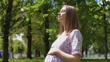 A pregnant woman in a summer dress with a floral print walks in the park and breathes fresh air. A pregnant woman stands on the street in summer and holds her hands on her belly. video