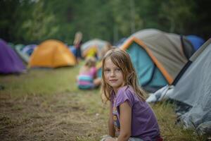 AI generated children at a summer camp in nature. generative ai photo