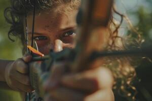 AI generated close up child shooting a bow at summer camp. generative ai photo
