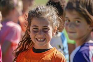 ai generado niños jugando fútbol a un verano acampar. generativo ai foto