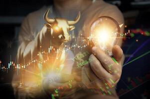 Long-term investment ideas, profits from stocks and crypto bull market trading. photo