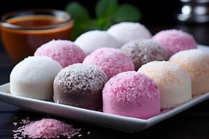 ai generado un plato de multicolor mochi espolvoreado con Coco, acompañado por té, capturas un fusión de japonés confitería y tropical sabores foto