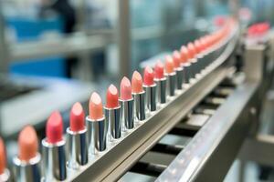 AI generated pink-toned lipsticks on a metallic conveyor reflects a high-quality cosmetic manufacturing process. efficient production line, beauty industry and technology applications. photo