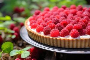 AI generated Delicious red raspberry tart with cream on a silver plate in a raspberry green field. Copy space. photo