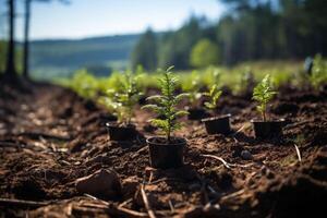 AI generated A fir tree plantation, Christmas. Furrows with evenly spaced fir seedlings in black pots. Copy space. photo