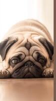 AI generated Pug life at home Close up of a cute, lounging pup Vertical Mobile Wallpaper photo