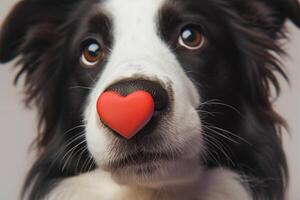 AI generated Photo Funny portrait Puppy border collie holds red heart on nose