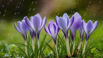 AI generated Spring background featuring blue crocuses with raindrop tracks photo