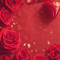 AI generated Valentines day postcard banner with red roses and glitter hearts For Social Media Post Size photo