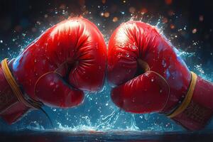 AI generated Boxing gloves close up with dramatic water splash on dark backdrop photo