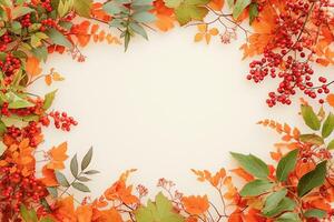 AI generated Fall vibes Autumn floral flat lay with viburnum berries frame photo