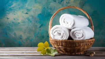 AI generated Abstract background enhances wicker basket with spa towels photo