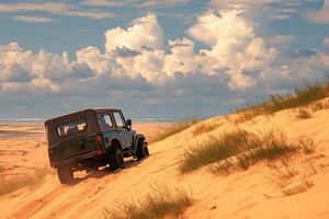AI generated Tourist escapade Yellow sand dunes with a Jeep car photo