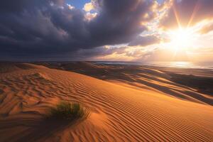 ai generado noche seducir tottori arena dunas en Japón, bañado en puesta de sol foto