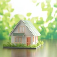 AI generated Home dreams Small model house against green bokeh background For Social Media Post Size photo