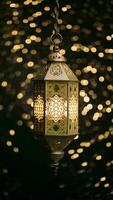 AI generated Lantern amidst captivating bokeh, representing Adha and Fitr Vertical Mobile Wallpaper photo