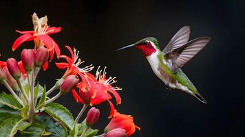 ai generado capturar oscuro antecedentes con rubí garganta colibrí en vuelo cerca flor foto