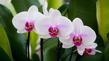 AI generated Lush greenery complements the elegance of orchid flowers in background photo