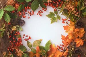 AI generated Ecological beauty Viburnum berries create an autumn themed flat lay photo
