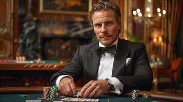 AI generated Man in Tuxedo Sitting at Poker Table photo